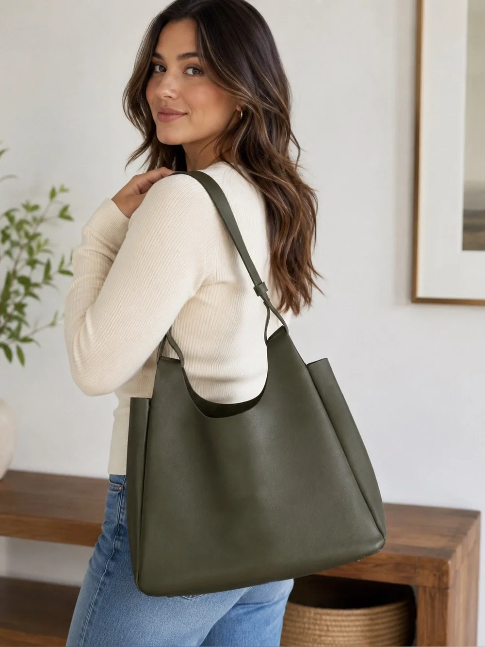 Neiman Marcus Olive Green Shoulder Tote Bag | Minimalist Slouch Hobo Purse
